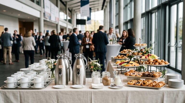 Estación de coffee break de un catering para congresos en un centro de convenciones: cafeteras, tazas de porcelana y bollería sobre mantel blanco