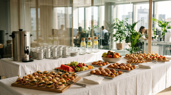Mesa de coffee break para un catering de empresa en una oficina de Madrid, con bandejas de bocados salados, bollería, fruta y café