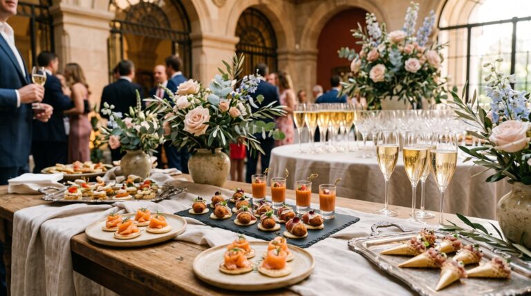 Aperitivos y copas de cava en una recepción de boda al atardecer en un espacio de Madrid