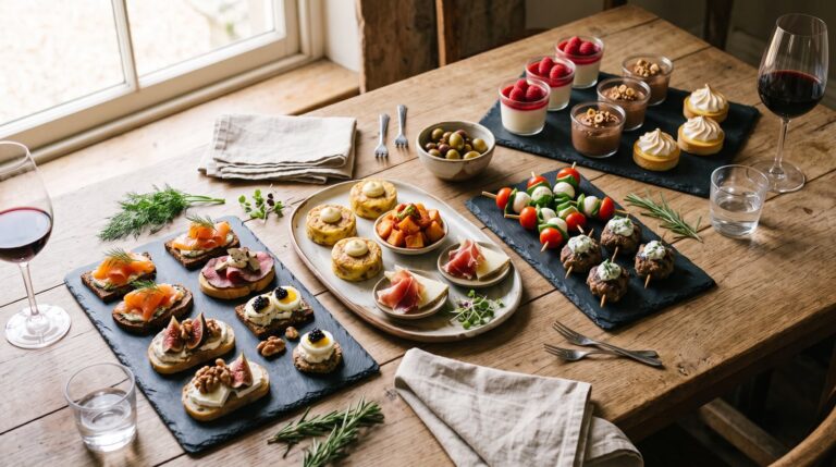 Mesa de madera con bandejas de canapés, tortilla, patatas bravas, brochetas de tomate y mozzarella y postres individuales preparados para una fiesta