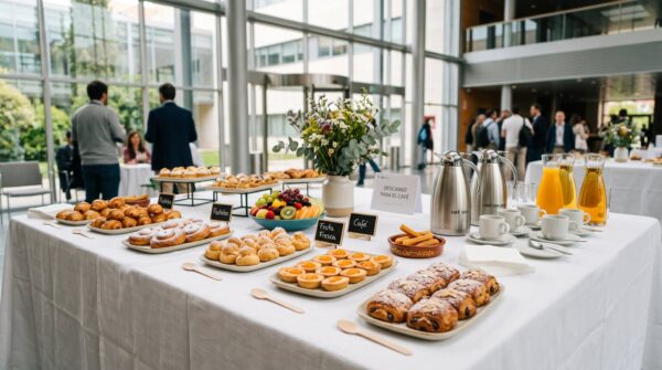 Estación de coffee break con bollería, fruta y café en el hall de un campus universitario en Madrid